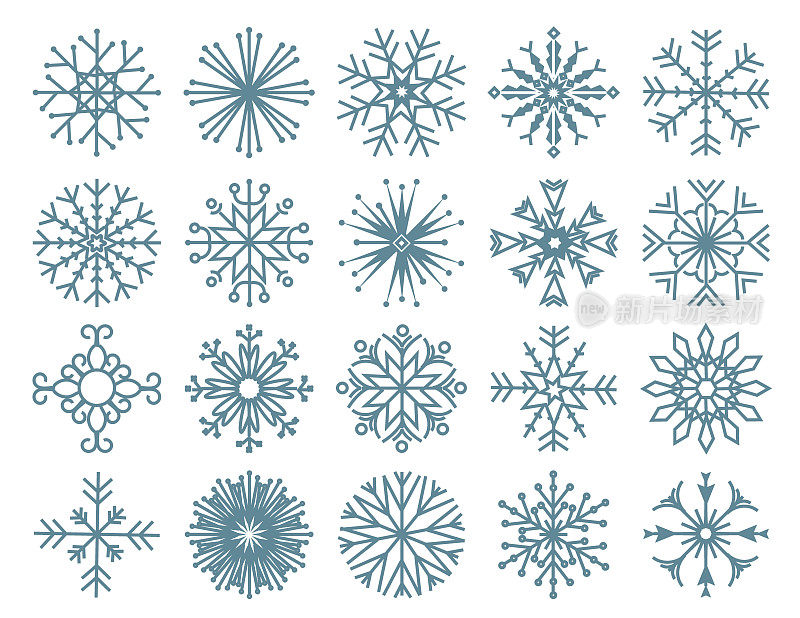 一套雪花剪影图标剪出复古的蓝色