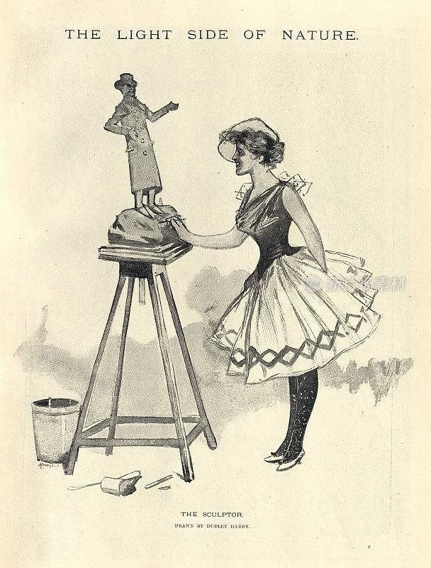 年轻的女雕塑家创造一个男人的状态，达德利・哈迪维多利亚时代的喜剧素描，1890年代