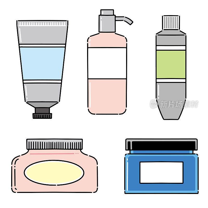各种瓶子和包装简单的插图