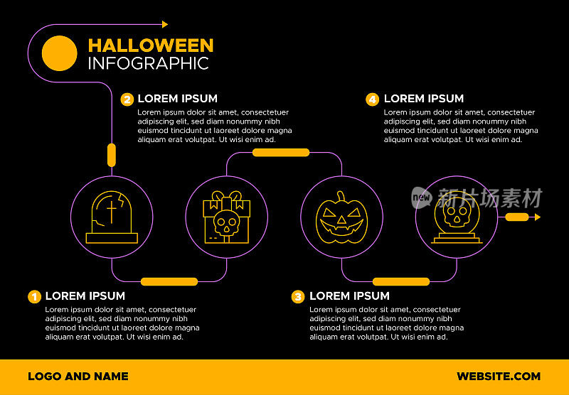 万圣节壮观的信息图表模板:南瓜，吸血鬼，墓地，头骨