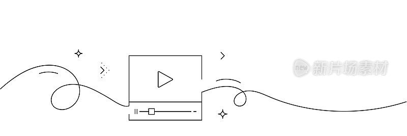 连续线绘制视频播放器图标。手绘符号矢量插图。