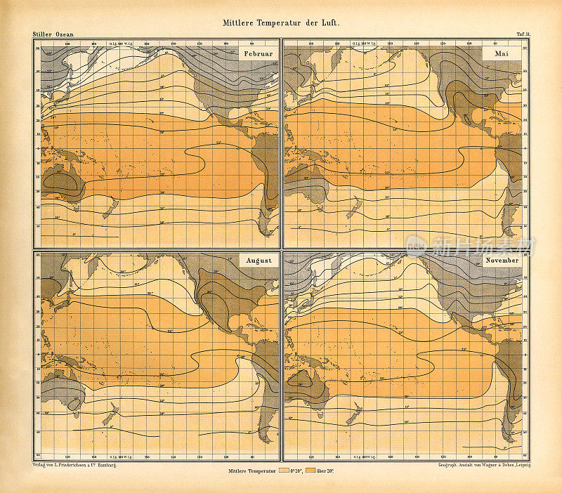 太平洋天气模式图，德国古董维多利亚雕刻，1896年