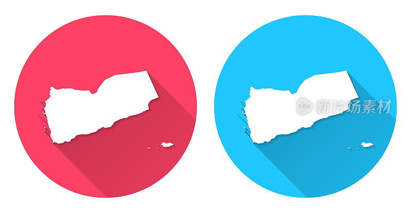 也门的地图。圆形图标与长阴影在红色或蓝色的背景