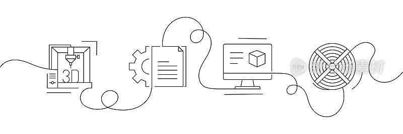 连续一行绘制3D打印图标的概念。单线矢量插图。3D打印机，灯丝，建模，项目文件。