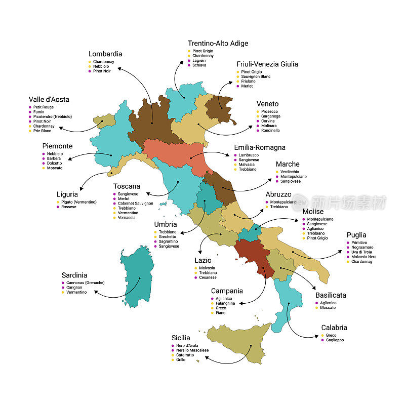 意大利及其地区的葡萄酒地图