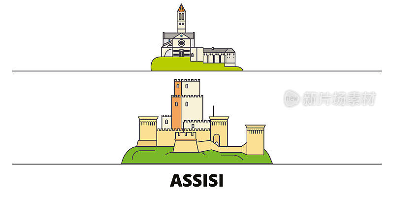意大利阿西西平面地标矢量插图。意大利阿西西一线城市以著名的旅游景点、天际线、设计。