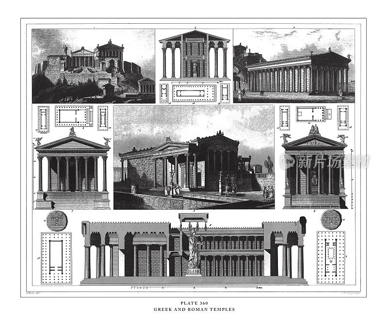 希腊和罗马寺庙雕刻古董插图，出版于1851年