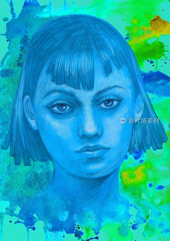 冬季时装插图寓言艺术绘画象征作品印象派我的原始水彩画在纸上的垂直象征性肖像一个年轻美丽的温柔的女人的发型在一个抽象的背景在蓝色调