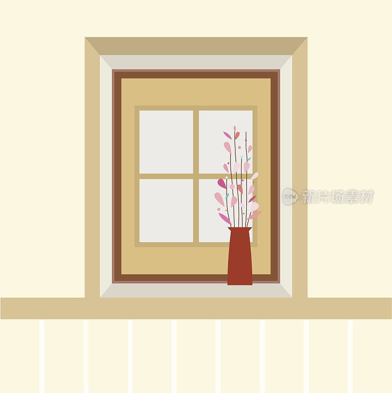 窗台上花瓶里的花矢量插图