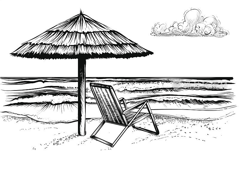 有波浪、阳伞和躺椅的海滩。