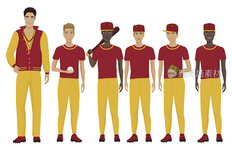 与教练教练穿制服的年轻棒球队员队的矢量插图。