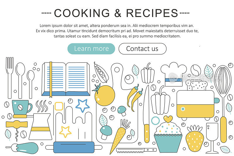 向量优雅的细线平面现代烹饪和厨房食谱的概念。网站标题横幅元素布局。演示文稿、传单和海报