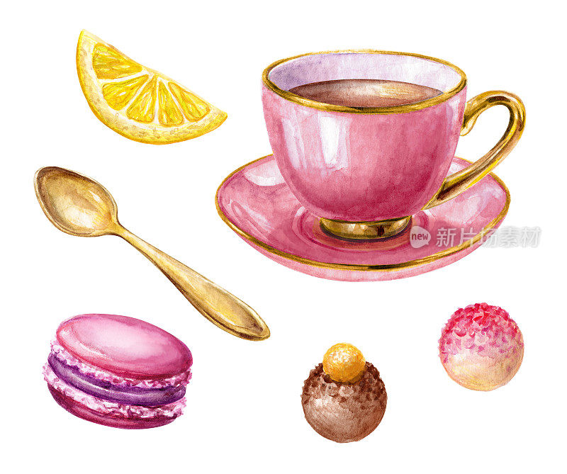 水彩粉红杯茶，柠檬，杏仁饼干，松露，金汤匙，蛋白酥，白色背景上孤立的插图