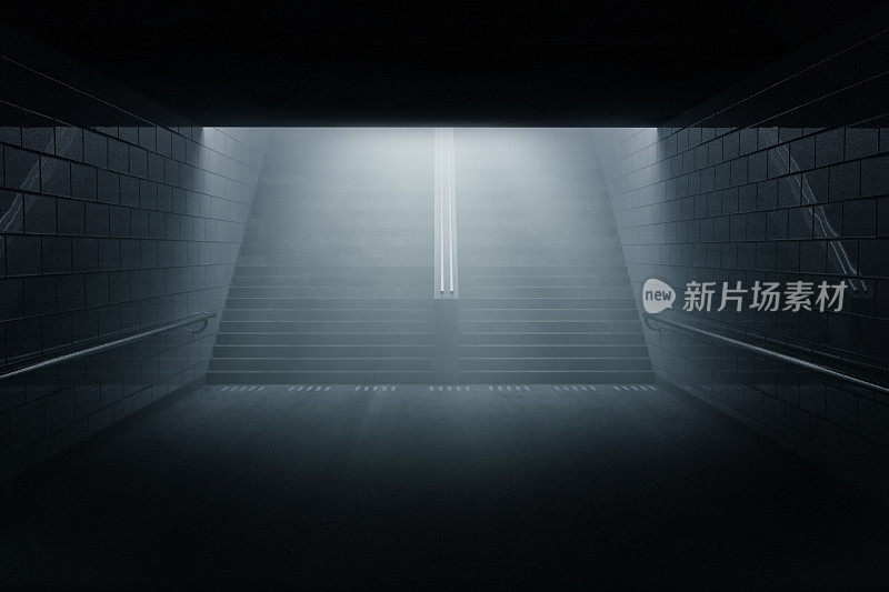 黑暗的地下通道与楼梯在晚上在雾的3d渲染