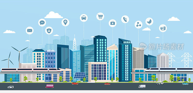 智慧城市与商业标志。网络概念现代城市。城市景观与交通基础设施
