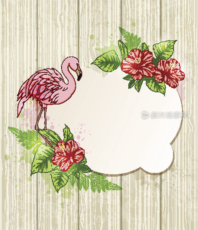 热带花卉和粉红色火烈鸟