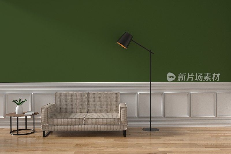 客厅在绿色和白色与长沙发和灯具设计的房间在3D渲染