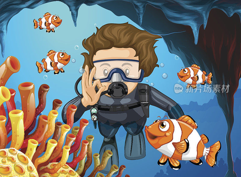 戴水肺的潜水员和小丑鱼在水下潜水