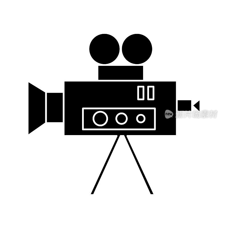 视频电影摄像机复古图标，矢量插图，标志上孤立的背景