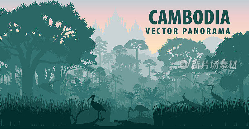 柬埔寨与鳄鱼，苍鹭和朱鹮在丛林雨林湿地的矢量全景图