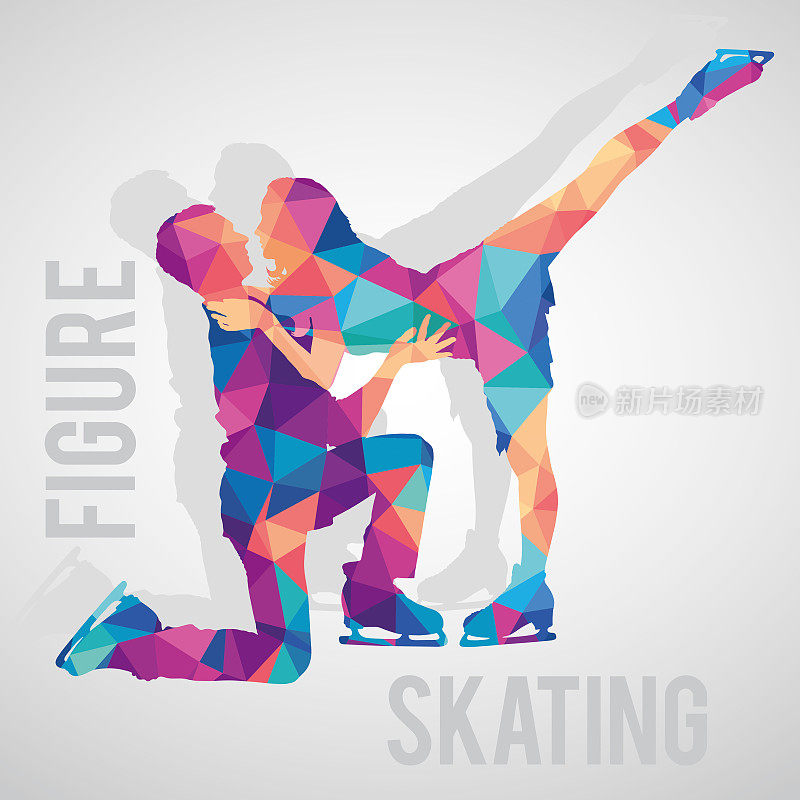 花样滑冰选手对多色多边形矢量剪影