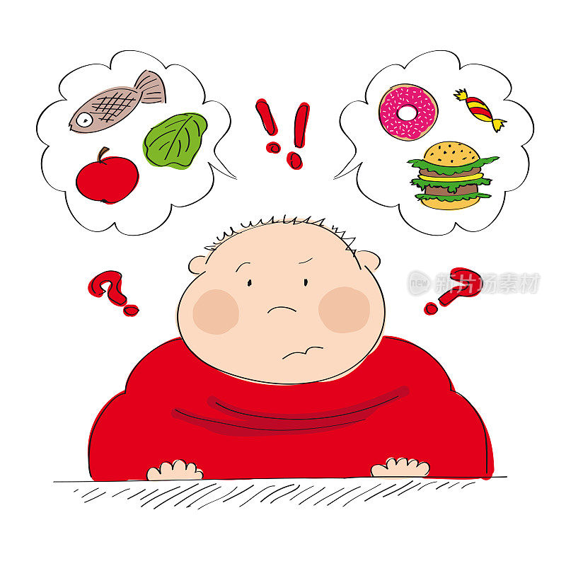 半信半疑的胖子想着食物，试着决定吃什么，健康还是不健康的食物——原创手绘插画