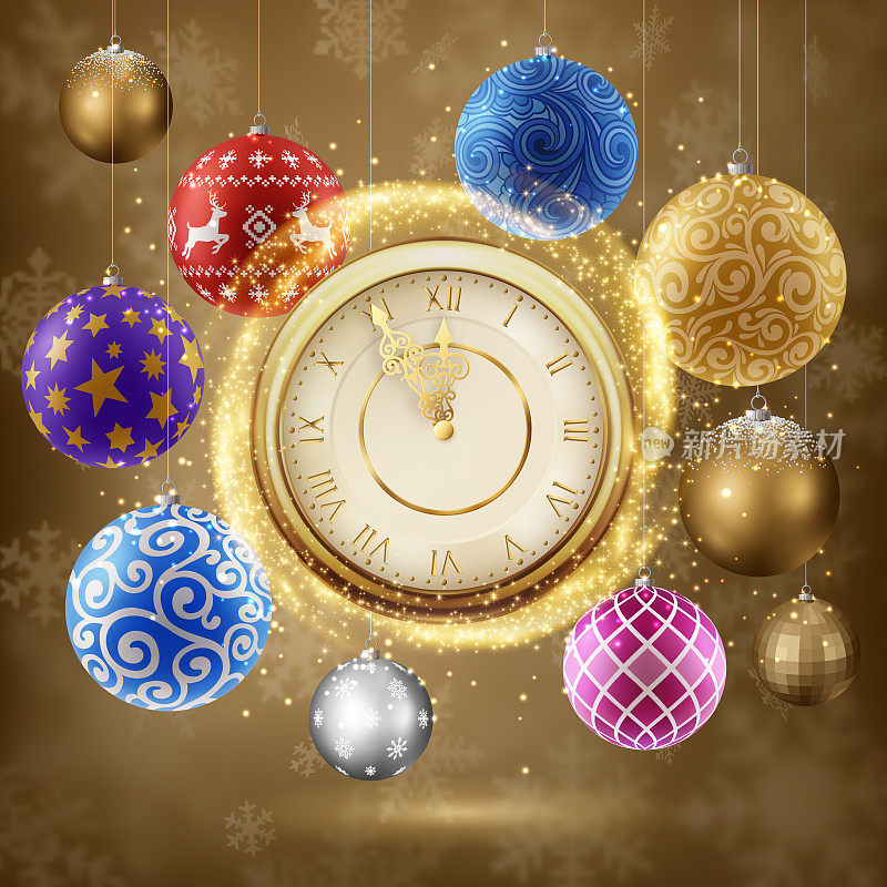 金色时钟与圣诞球