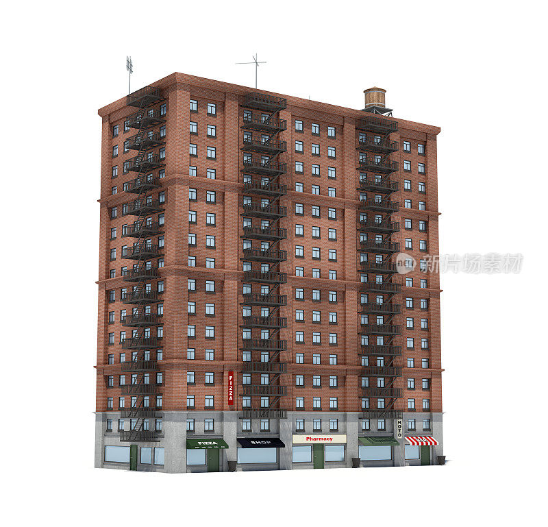 红砖公寓楼的3d渲染，一楼有防火梯和商店。