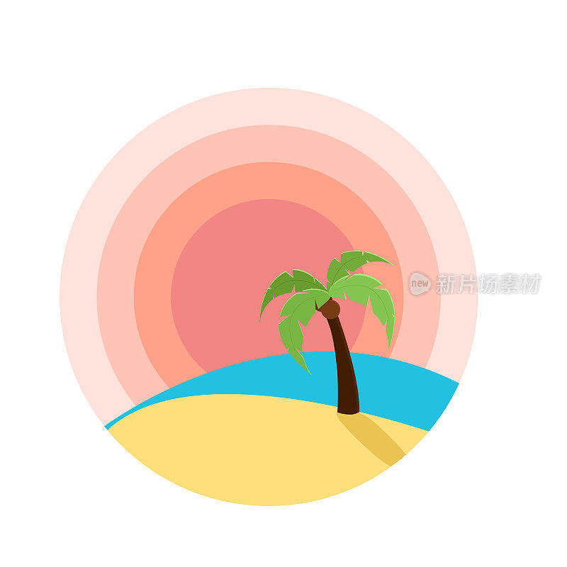 矢量插图的日落在海滩上与棕榈树。平面设计的标志，网站或产品设计