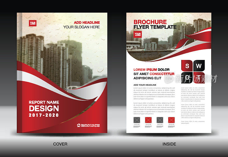 红色方案与城市背景，书籍封面设计模板A4，商业小册子传单，年度报告，杂志，公司简介
