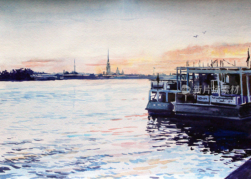 圣彼得堡海滨早晨水彩画彼得-帕维尔城堡