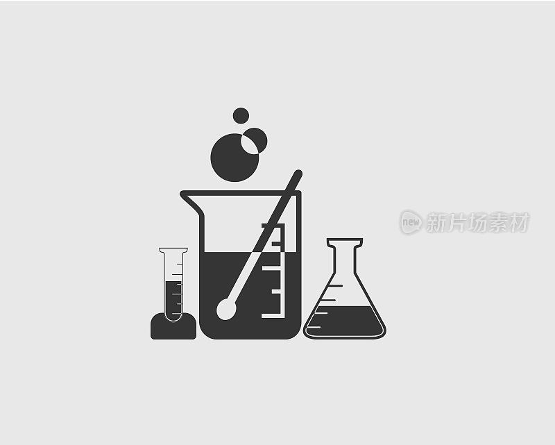 化学图标。试管，化学烧瓶，烧杯
