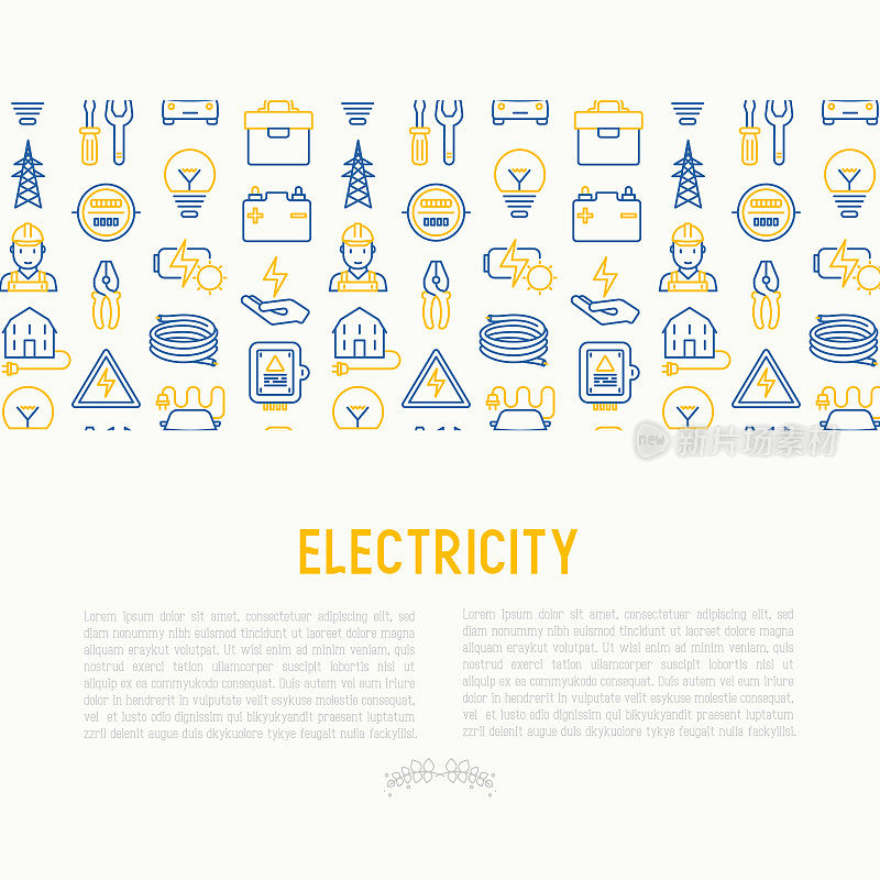 电学概念与细线图标:电工，灯泡，塔，工具箱，电缆，电动车，手，太阳能电池。矢量插图的旗帜，网页，印刷媒体。