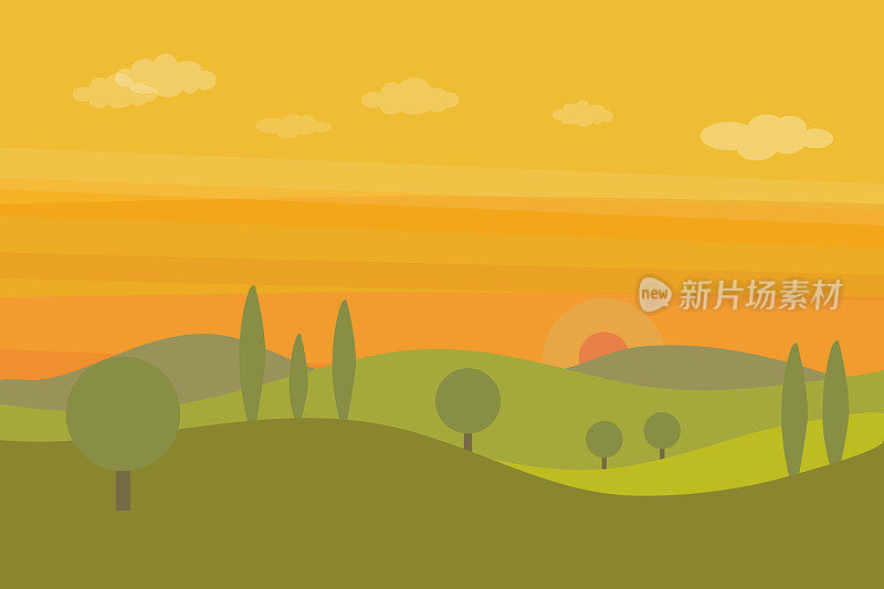 矢量平坦的景观与绿色的山丘，树木和橙色的日落天空与云