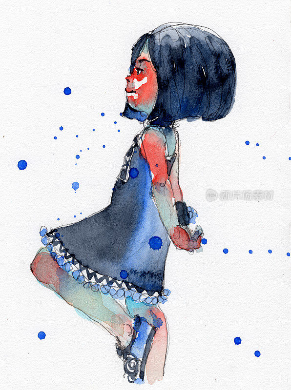 水彩画插图的女孩在黑色苗族服装，手绘在纸上