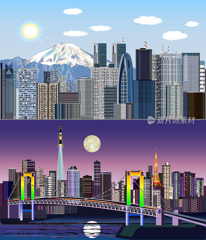 东京，日本，亚洲-昼到夜向量工具包