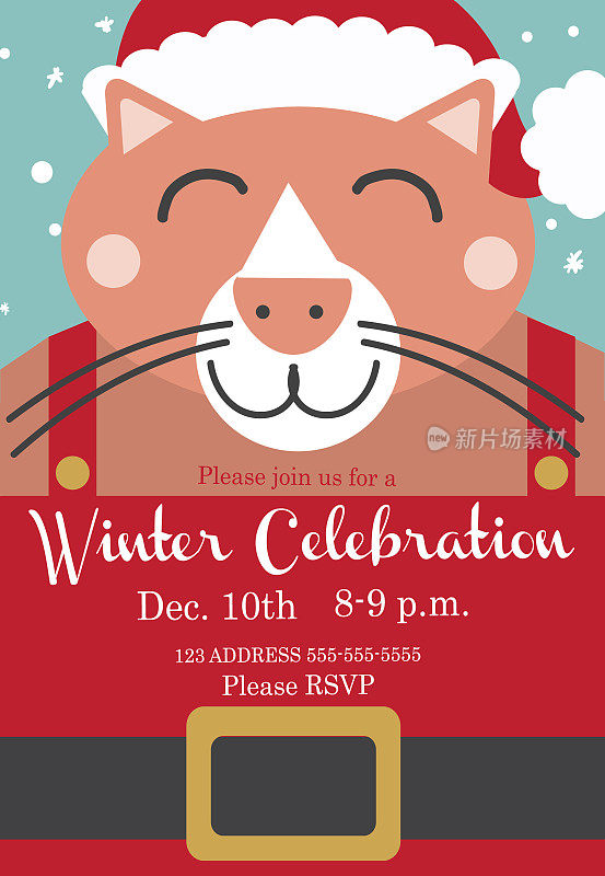 彩色和简单的手绘冬季庆祝节日派对邀请设计模板与微笑的猫