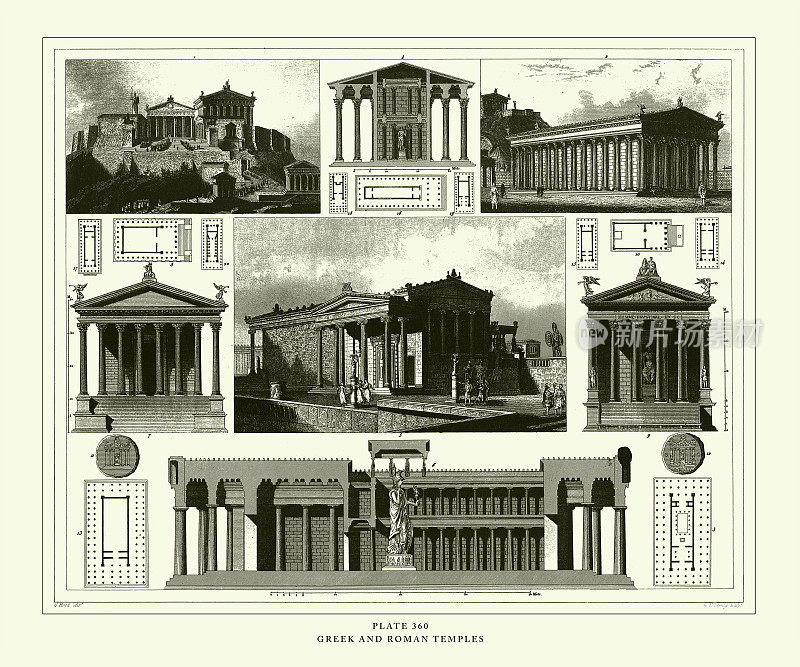 雕刻古董，希腊和罗马庙宇雕刻古董插图，出版于1851年