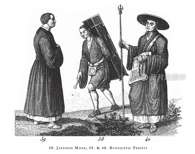 日本和尚,佛教僧侣,雕刻古董,仪式和宗教人物和用具的远东雕刻古董插图,出版1851年