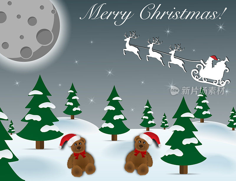圣诞和新年矢量插图背景。逼真的玩具泰迪熊，雪花，圣诞树。用于您的设计的Holiday对象。