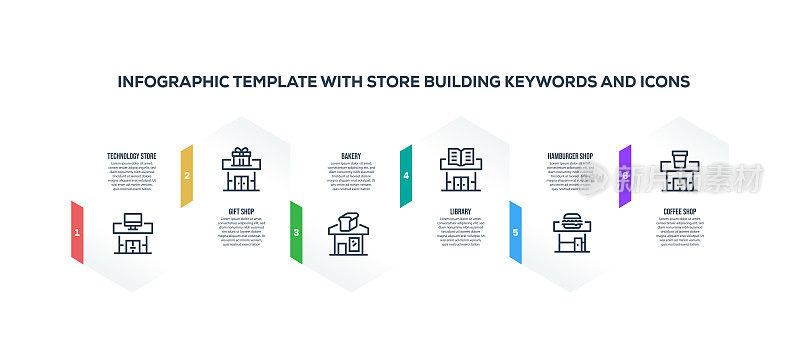 信息图设计模板与商店建筑的关键字和图标