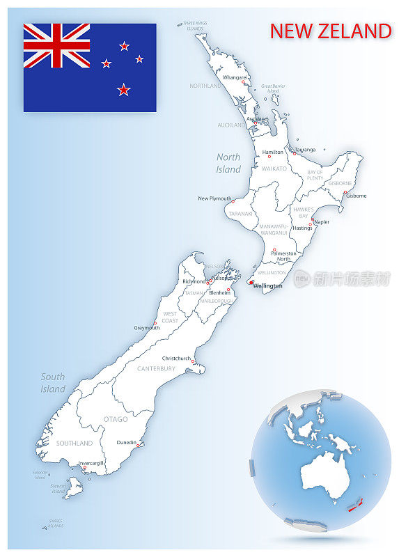 详细的新西兰行政地图，在蓝色地球仪上有国旗和位置。