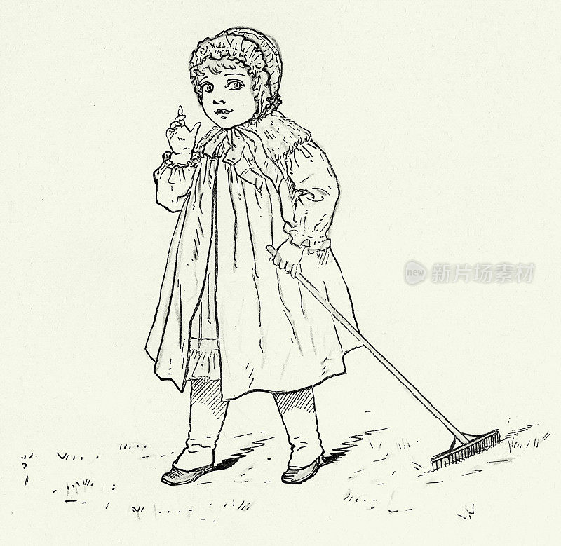 复古，年轻女孩耙草坪，美国维多利亚版画，1882年