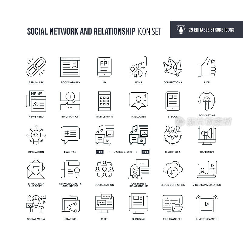 社交网络和关系可编辑的描边线图标