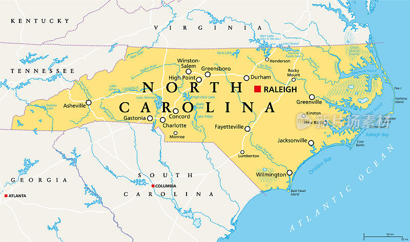 北卡罗莱纳，北卡罗莱纳，政治地图，老北州，焦油脚跟州