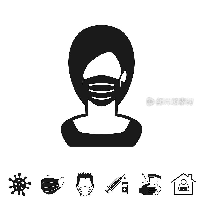 妇女在医疗脸保护口罩。图标的设计上的白色背景