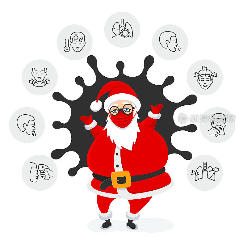 圣诞老人与冠状病毒肺炎症状信息图表。