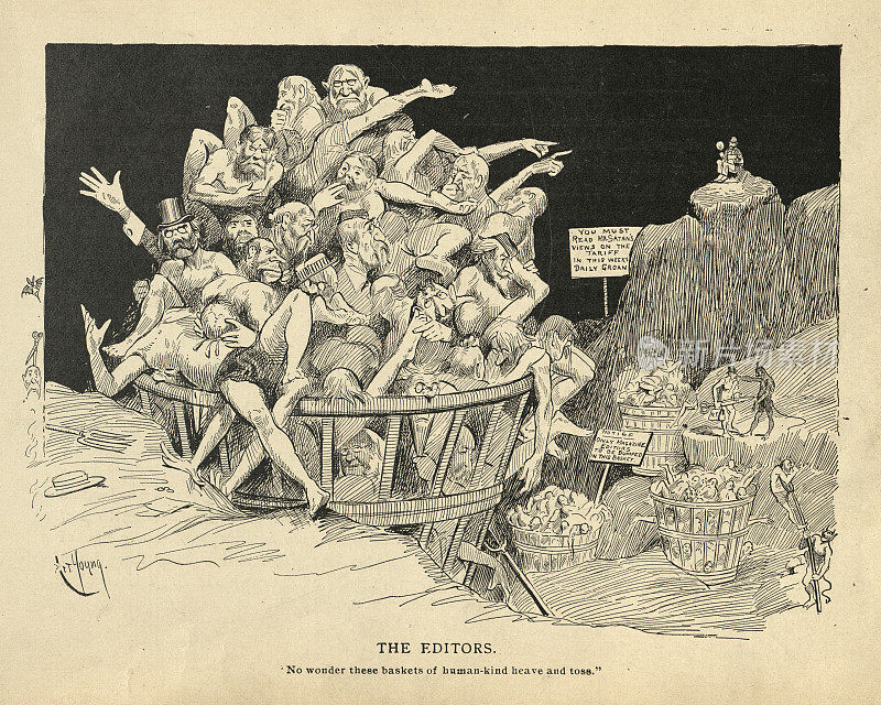 编辑们在地狱里被塞进废纸篓，维多利亚时代的卡通