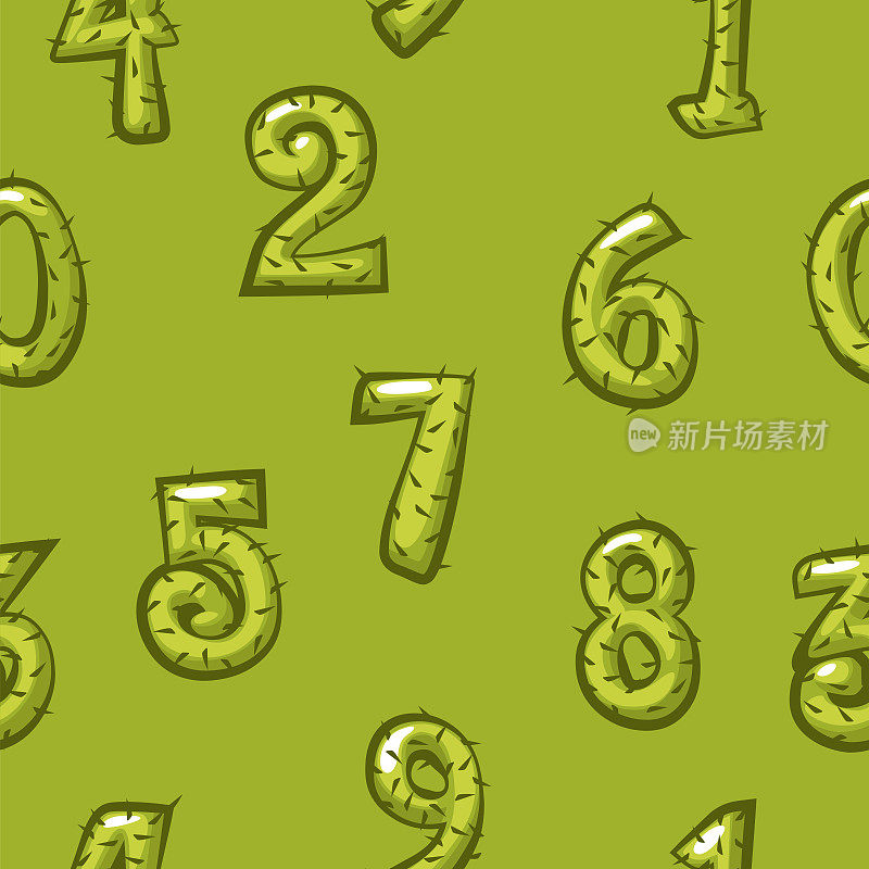 卡通仙人掌数字无缝图案，背景绿色亮数字为游戏ui。