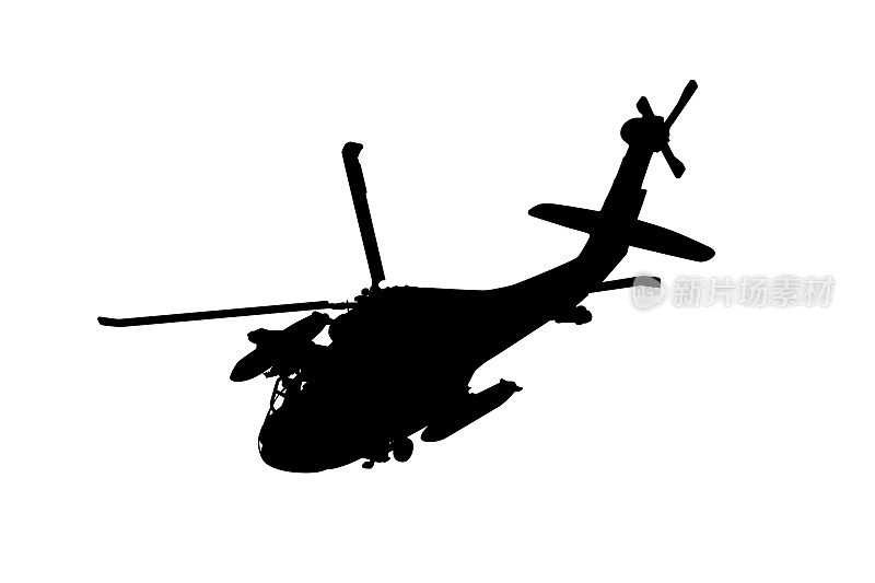 军用直升机的剪影。EPS10矢量插图。